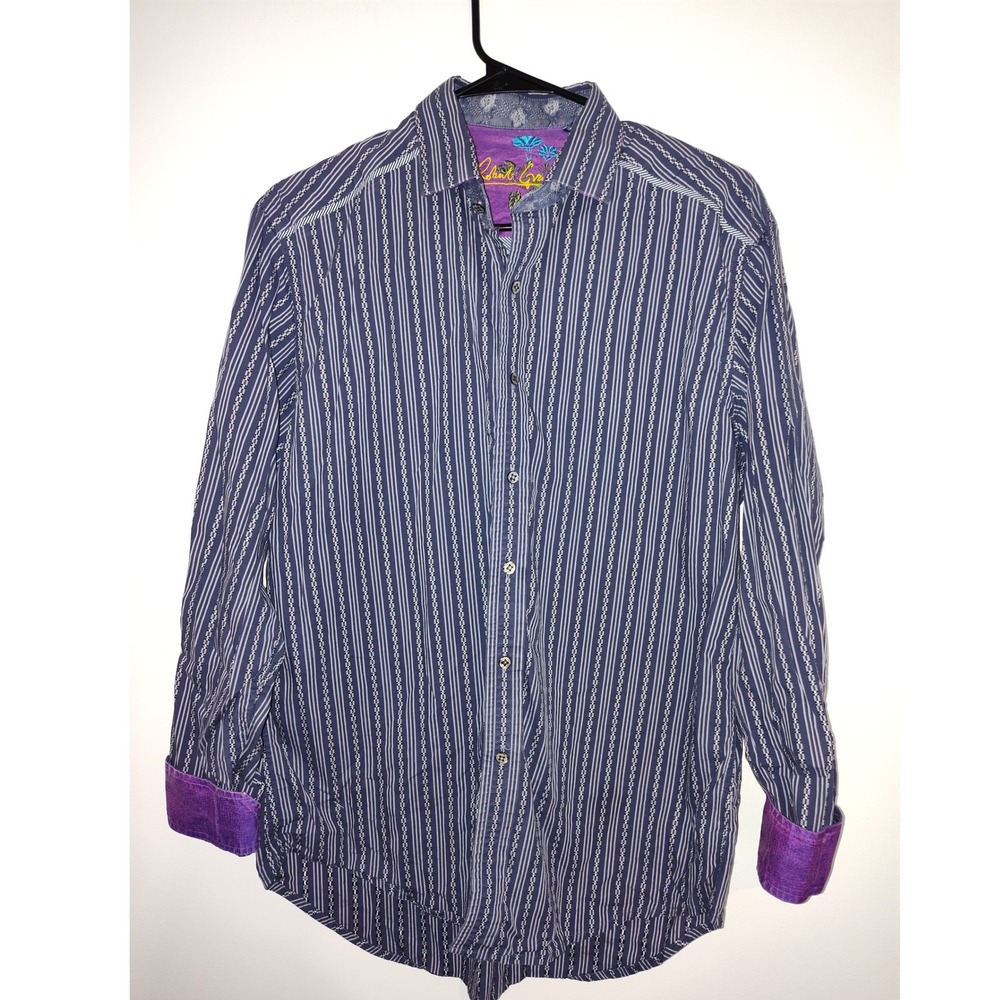 Robert Graham Mens Blue White Striped Button Down Shirt Purple Cuffs Size XL